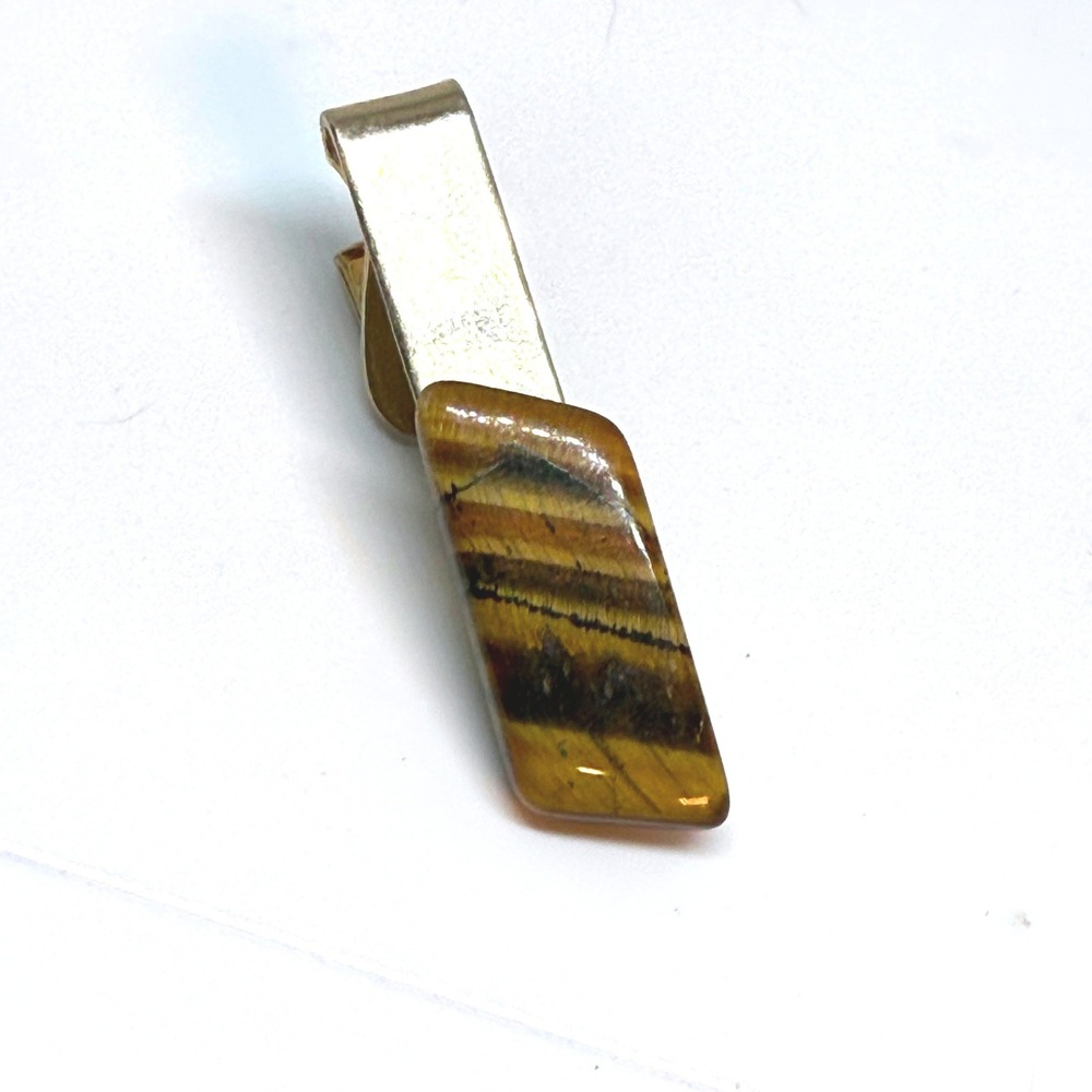 Vintage Gold Tone Tie Clip with Natural Rectangular Tiger's Eye Gemstone